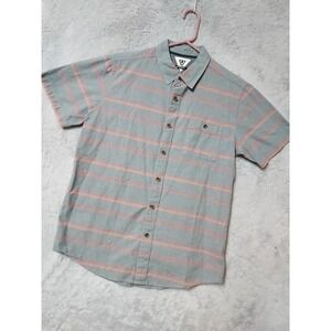 Vissla Shirt Mens Medium Short Sleeve Striped Button Up Gray Pink Surfer Beach